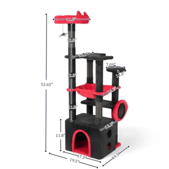 Angel Sar 53" Gothic Cat Tree with Condo, Hammock & Perch, Large Cat Tower with Scratching Posts and Spider Toy for Indoor Cats, Red & Black image {2}