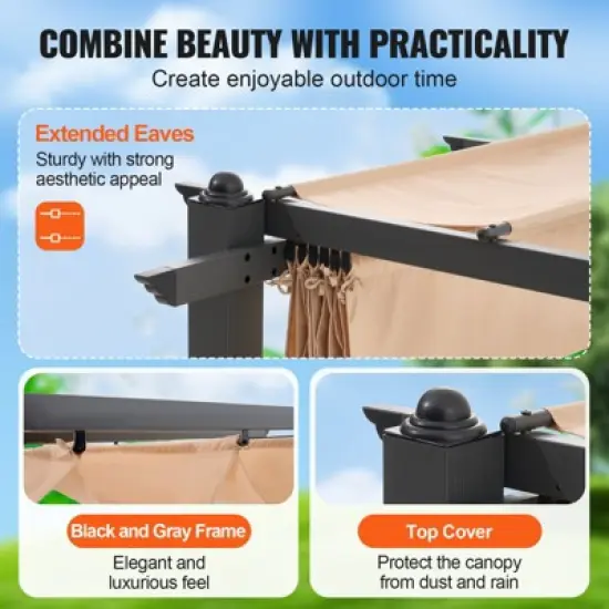 VEVOR 10'x13' Outdoor Retractable Pergola with Canopy, Aluminum Pergola with Retractable Canopy, Modern Pergola with Sun Shade Canopy, Beige image {6}