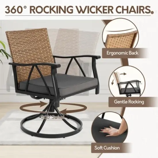 HOMEFUN 5 Piece Patio Dining Set for 4,Outdoor Wicker Furniture Set with 4 Cushions Swivel Rocker Chairs,steel Table Top,Gray image {3}