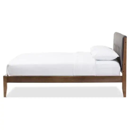 Leyton Mid-Century Modern Fabric Upholstered Platform Bed Gray/Walnut Brown - Baxton Studio image {1}
