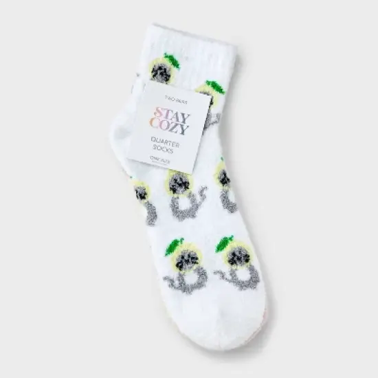 Women's Cats & Lemons 2pk Cozy Quarter Crew Socks - White/Pink 4-10: Midweight Velour Ribbed Fabric image {1}