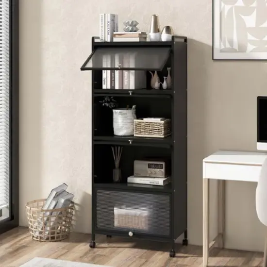 Costway 5-Tier Kitchen Baker's Rack Storage Cabinet Mobile Microwave Stand Flip-up Doors White/Black/Grey/Green image {3}