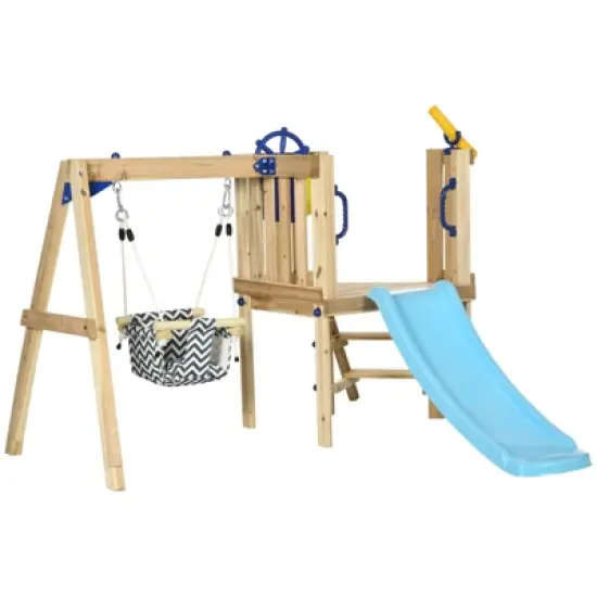 DSVIMOY 3-in-1 Outdoor Playset with Baby Swing Seat, Toddler Slide, Kids Backyard Playground Equipment for Ages 1.5-4, Natural, 67"*78.8"*46.5" image {5}
