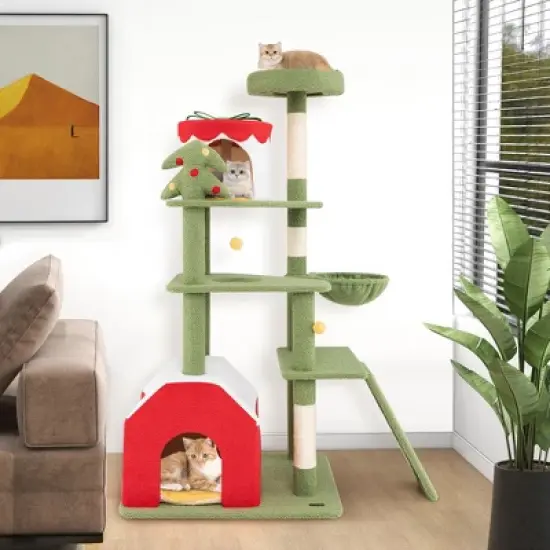 Tangkula 61" Tall Christmas Cat Tree w/ Sisal Scratching Posts Plush Perch & 2 Condos image {2}