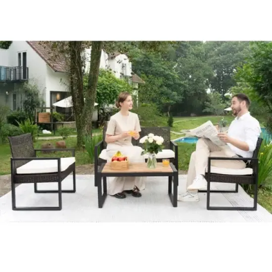 Aukfa Modern Weave 4-Piece Outdoor Patio Conversation Set with Cushions and Wood-Top Coffee Table - Noir Garden Sofa & Chair Set image {12}