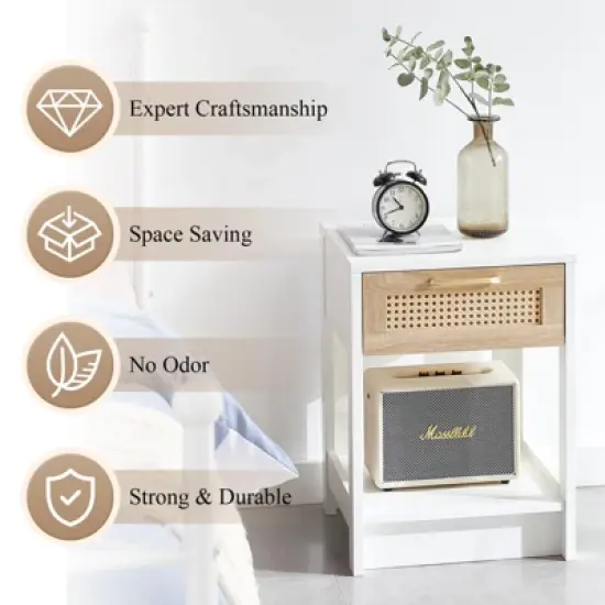 Rattan Nightstand, Modern End Table With Drawer, Nightstand Side Table With Accessories For Living Room Bedroom image {4}