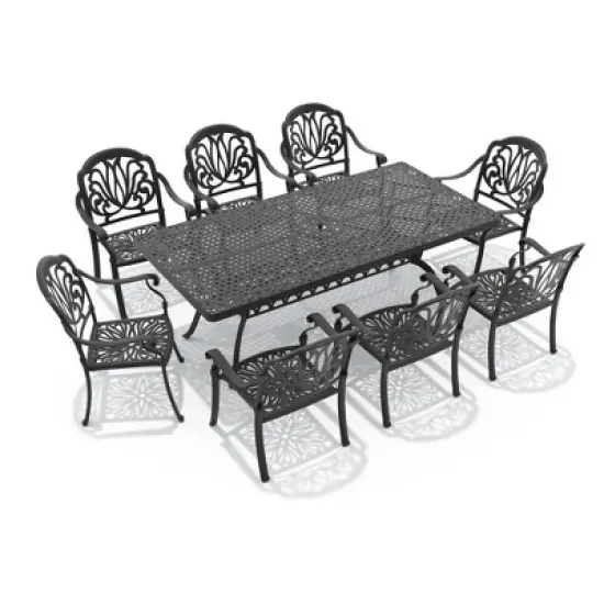 9-Piece Cast Aluminum Outdoor Dining Set: Rectangle Table, Stackable Chairs & Brown Cushions - All-Weather Patio Furniture for Your Backyard image {2}