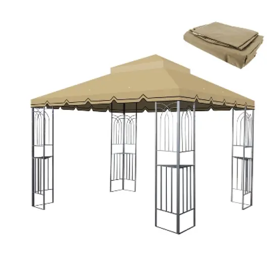 Gulches 10x10 Ft Outdoor Patio Gazebo Replacement Canopy - Double Tiered Roof Top Cover Only (Frame Not Included) - Great Wall Border Design, Tan image {4}