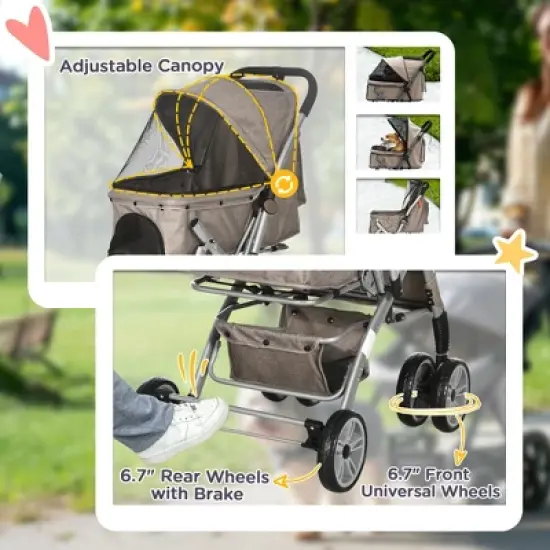 Aukfa 4-Wheel Foldable Pet Stroller for Small Dogs & Cats - Lightweight, 1-Click Fold, Safety Belts, Adjustable Canopy, Storage Basket & Swivel Wheels image {3}