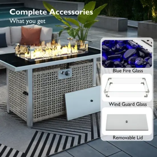 YOOCOZZ 43" Open Weave Wicker Fire Pit 60000 BTU with Glass Wind Guard image {1}