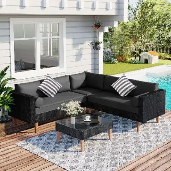 Sapphtopaz 4-Piece Wicker Outdoor Sofa Set, Modern Outdoor Patio Sofa Set with Coffee Table, L-shape Modular Sectional Sofa Set with Pillows image {8}