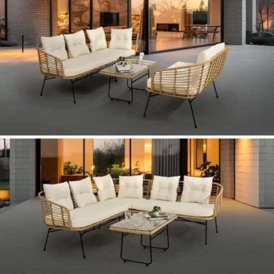 4 Pieces Patio Furniture Set,Boho L-Shaped Sofa Outdoor Furniture Lounge Set Conversation Sectional with Thick Cushions image {7}