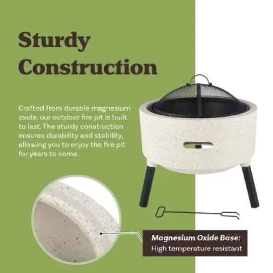 Pure Garden 21" Magnesium Oxide Round Outdoor Fire Pit Set Light Gray: Includes Poker & Cover, Easy Assembly image {4}
