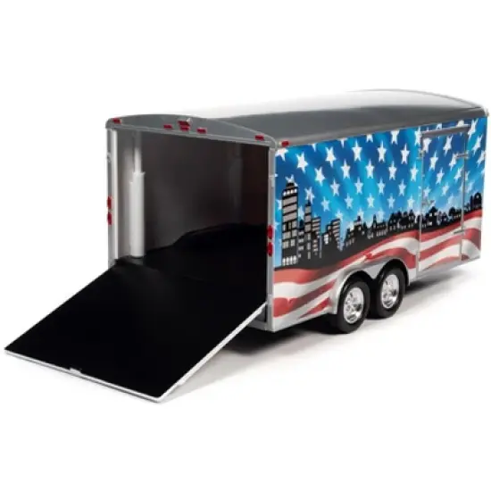 Four Wheel Enclosed Car Trailer Patriotic "Brave and Bold" with Graphics for 1/18 Scale Model Cars by Auto World image {1}