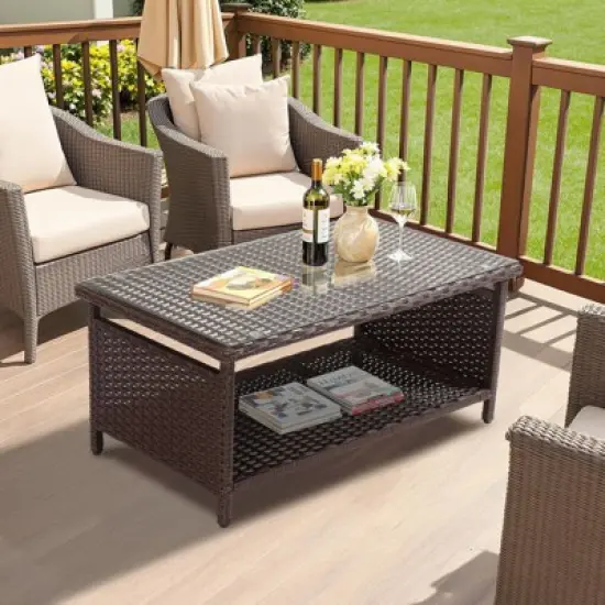 Karl Home| 2-Layer Brown Outdoor Wicker Coffee Table With Glass Tabletop image {7}