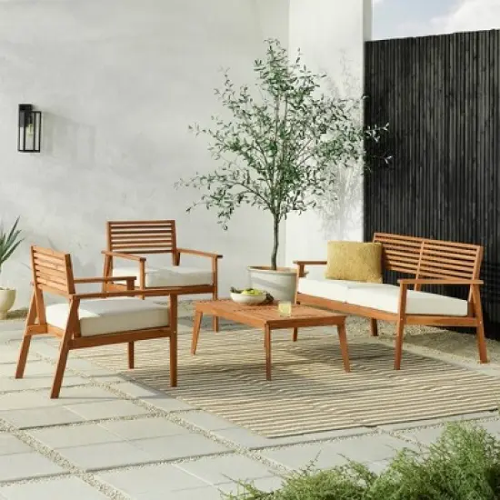 Saracina Home 4pc Mid-Century Modern Slatted Acacia Outdoor Patio Conversation Furniture Set image {1}
