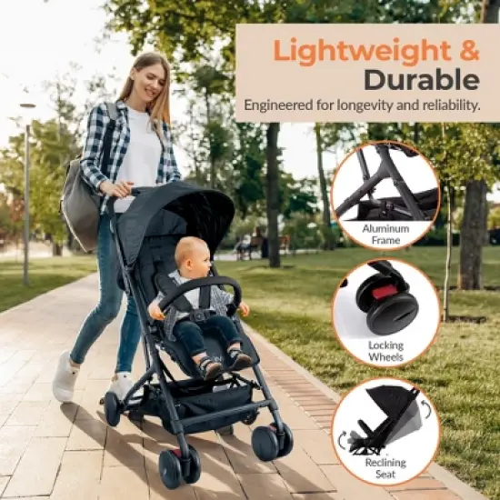 Jovial Portable Folding Baby Stroller &ndash; Compact, Lightweight, Reclining Seat with Canopy &ndash; Black image {4}
