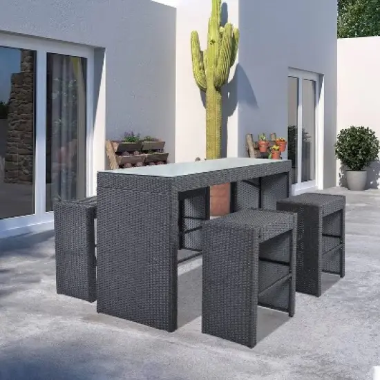 5pc Outdoor Rattan Bar Set with Stools & Cushions- Gray - WELLFOR image {16}