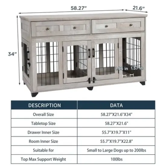 58" Wooden Dog Crate Furniture with Openable Partition, 2 Drawers, 5-Doors, 2 Rooms and TV Stand Function, Ideal for Indoor Use (Grey) image {4}