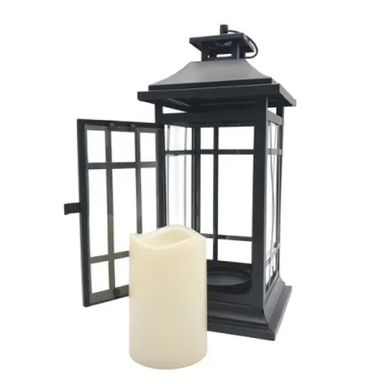 LumaBase Battery-Operated Metal Lantern with LED Candle - Black Window image {5}