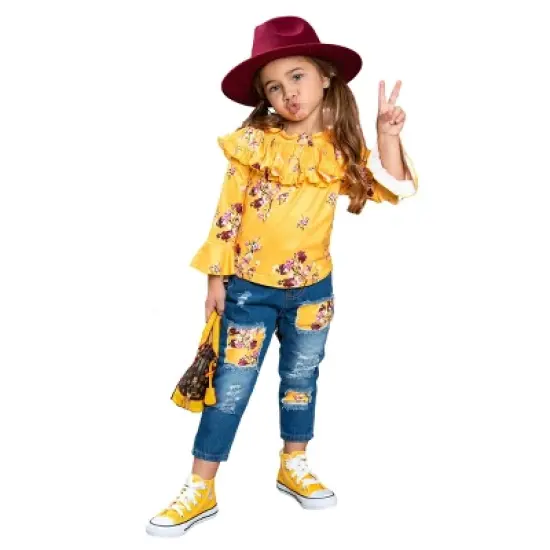 Girls Bloom Girl Patched Jeans Set - Mia Belle Girls image {6}