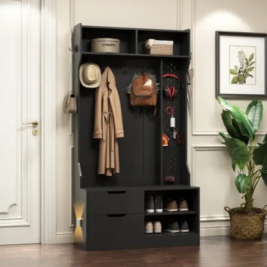 TIRAMISUBEST Hall Tree with 6 Hooks - Black Entryway Organizer with Storage image {4}