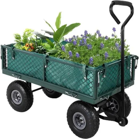 Heavy-Duty Steel Garden Cart &ndash; 500 Lbs Capacity Utility Wagon with Removable Liner, 8" Pneumatic Wheels & Convertible Flatbed Design, Green image {8}