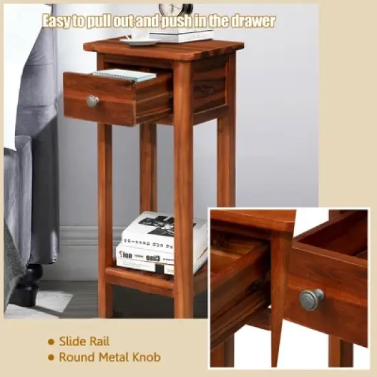 Costway 2PCS 2 Tier End Bedside Sofa Side Table with Drawer Shelf Acacia Wood Nightstand image {6}