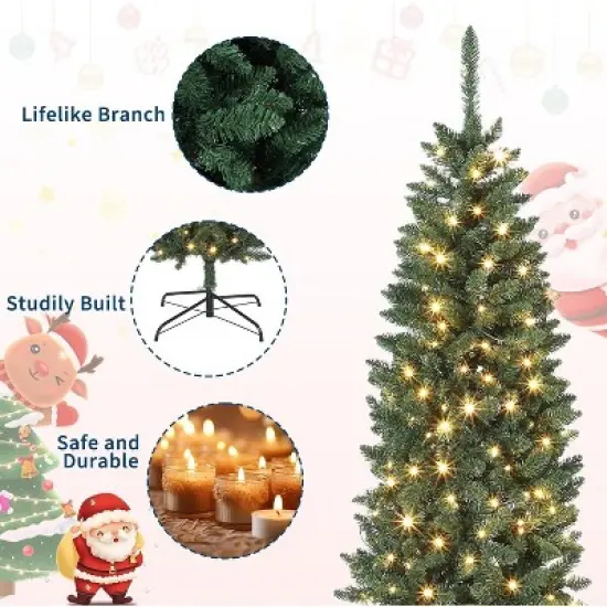 Artificial Christmas Tree, Pre-Lit Pencil Christmas Tree, Dual LED Light, Xmas Tree Holiday Decoration for Home Party image {4}