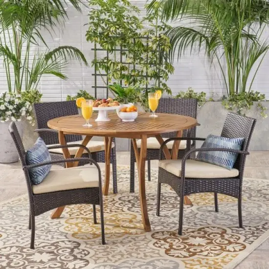 Christopher Knight Home Chilton Outdoor Acacia Wood and Wicker 5 Piece Dining Set with Cushion image {11}