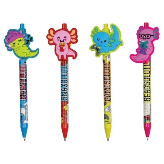 Adorable Axolotl Themed Clip Pens (4 Pack) - Napsolotl, Readsolotl & More! Black Ink, Retractable (5.75" Long) image {4}