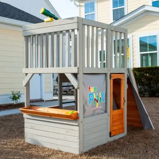 Funphix Lookout Post Outdoor Wooden Playhouse, Buildable Kids Backyard Playset with Climbing Ramp image {1}