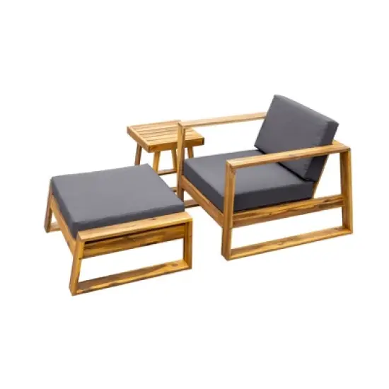 FIONECA U_STYLE Acacia Wood Outdoor Lounge Set, Chair & Ottoman with Blue Removable Cushions, All-Weather Patio/Deck/Daybed image {6}