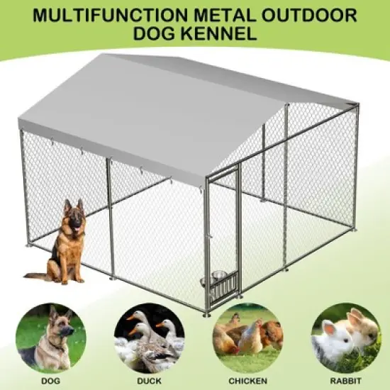 Jojoka Outdoor Dog Kennel, Large Metal Dog House with Feeding Device, Waterproof Cover, Rainproof Roof, Secure Yard Pet Playpen image {5}