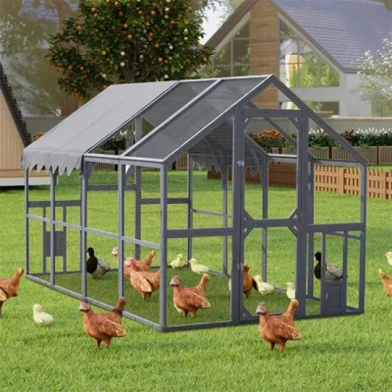 ELJGET 110" Metal Chicken Coop, Outdoor Large Chicken Run Rabbit Pet Playpen with Waterproof Cover for Yard Backyard Farm, Gray image {12}