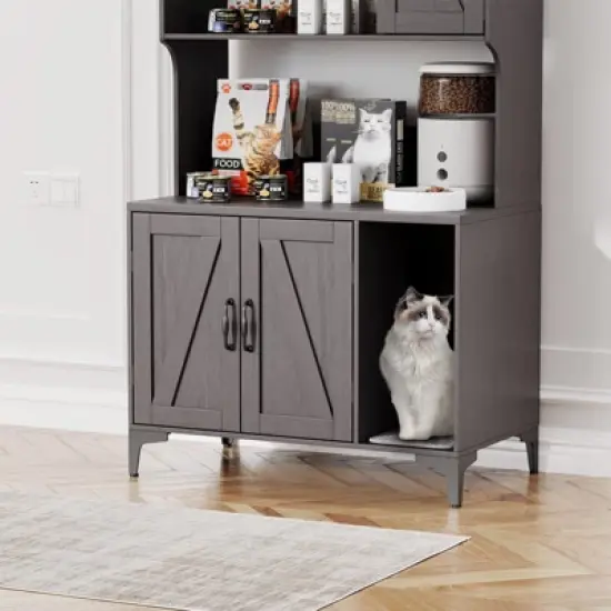 Homhougo Large Cat Litter Box Enclosure Furniture with 3 Open Shelves and Storage Cabinet, Farmhouse Cat House Washroom image {3}