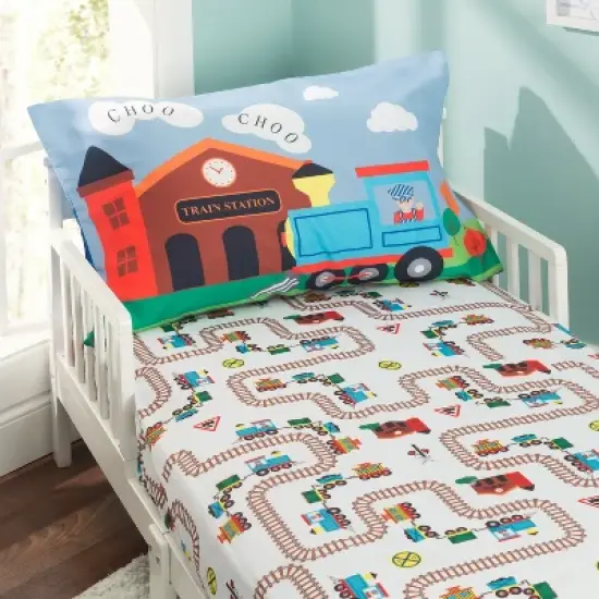 EVERYDAY KIDS 4 Piece Toddler Bedding Set -Choo Choo Train- Includes Comforter, Flat Sheet, Fitted Sheet and Reversible Pillowcase image {5}