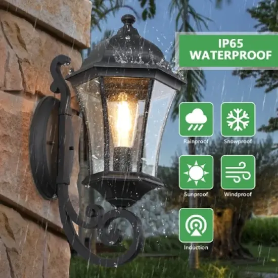 Wooakway Vintage 2PCS 20"H Outdoor Wall Lantern Elegant Black Metal Sconce for Porch Patio Garden Walkway Courtyard Patio Garage Bulb Not Included image {6}