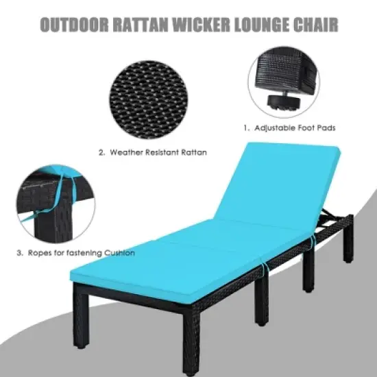 Tangkula Adjustable Rattan Patio Chaise Lounge Chair Couch w/ Turquoise Cushion image {6}