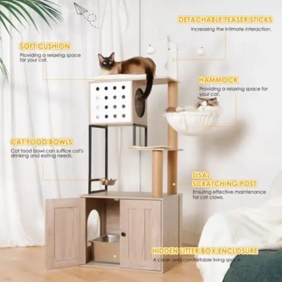 Kumasinova Modern Cat Tree Tower with Litter Box Enclosure,Cat Tower with Scratching Post&Feeding Bowl,Cat Trees with Removable Teaser Wand,Gray+White image {2}