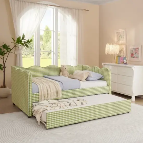 Lycvki Gingham Sofa with Trundle Twin Size Bed Frame No Mattress image {13}