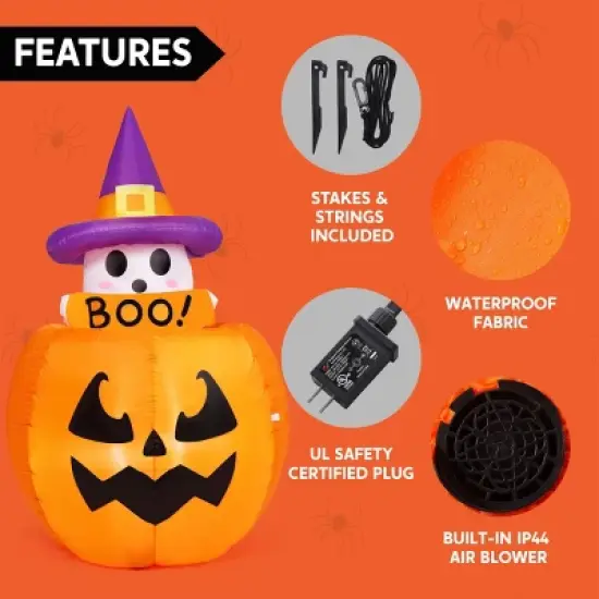 Joyfy 5FT Halloween Inflatables Outdoor Decorations, Animated Inflatable Ghost on Pumpkin with LEDs for Halloween Outdoor Yard Lawn Garden Decoration image {5}