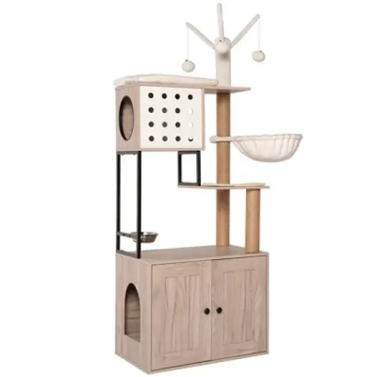 YOOCOZZ Cat Tree with Litter Box Enclosure,Cat Condo with Scratching Posts, Feeding Bowl and Removable Pompom Sticks image {2}