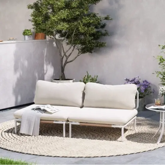 Crestlive Products Patio Furniture Set Oversized Metal Single Sofa Outdoor Sectionals Conversation Set with Cushion, White Frame and Beige Mat image {3}