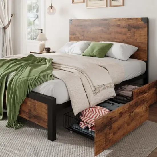 Full Size Platform Bed Frame with Headboard, 4 Storage Drawers, Sturdy Quiet Metal Frame, No Box Spring Needed, Easy Assembly image {9}