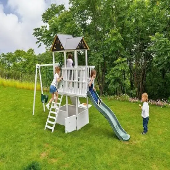 Avenlur Craftsman Swing Set: Montessori-style outdoor play with slide, clubhouse, gym bar, rock climb wall, and more! ASTM certified. Ages 3-11yrs. image {3}