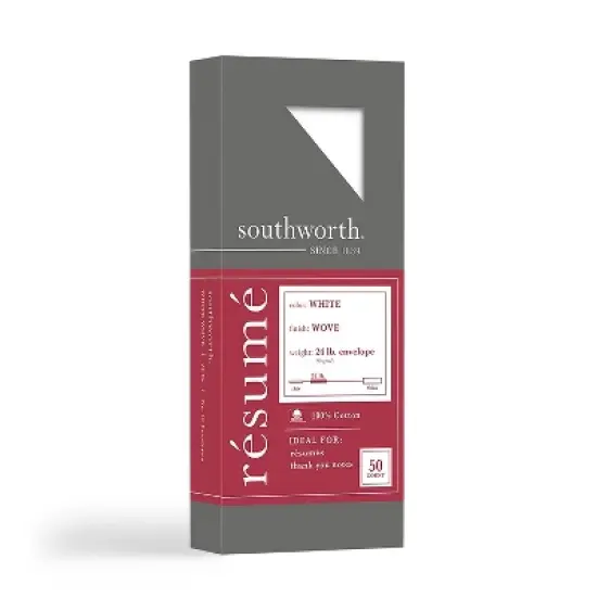 Southworth 100% Cotton #10 Resume Envelope 4 1/8 x 9 1/2 White 24lb Wove 50/Box R1410L image {3}