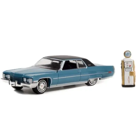 1972 Cadillac Coupe DeVille Blue with Black Top and Vintage Gas Pump "The Hobby Shop" 1/64 Diecast Model Car by Greenlight image {1}