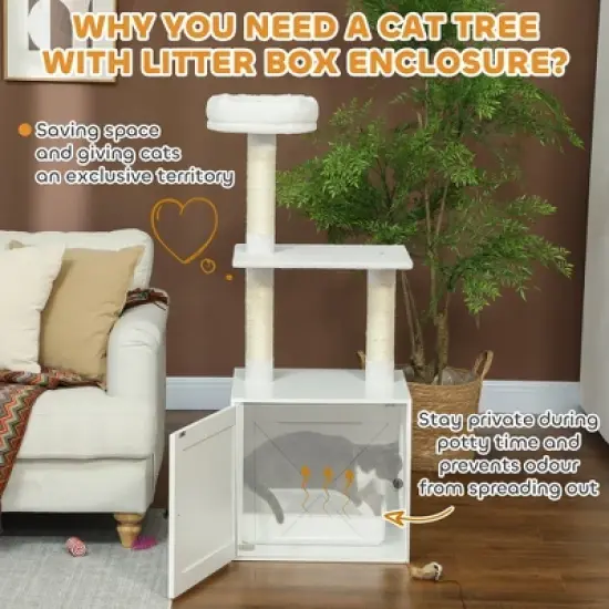 SKYONE White 3-Tier Cat Tree with Litter Box Enclosure, Scratching Posts, Climbing Platform & Top image {4}