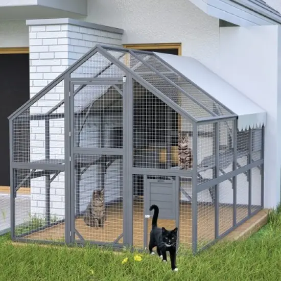 Outdoor Wooden Cat House with Metal Mesh, Waterproof Roof, Catio Enclosure & Cat Run for Patio or Backyard &ndash; The Pop Home image {7}